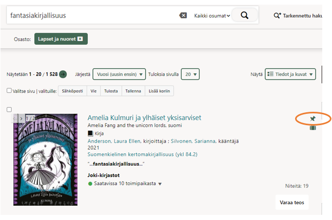 Lisää aineistoa suosikkilistalle klikkaamalla nastaa oikealla.