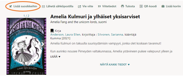 Teoksen tiedoissa Lisää suosikkeihin löytyy vasemmasta yläkulmasta.