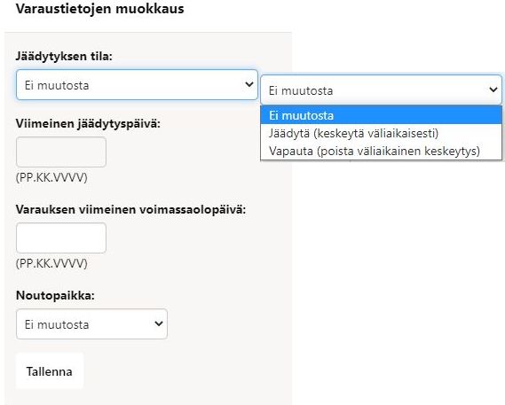 Varauksen muokkaus vaihtoehdot.
